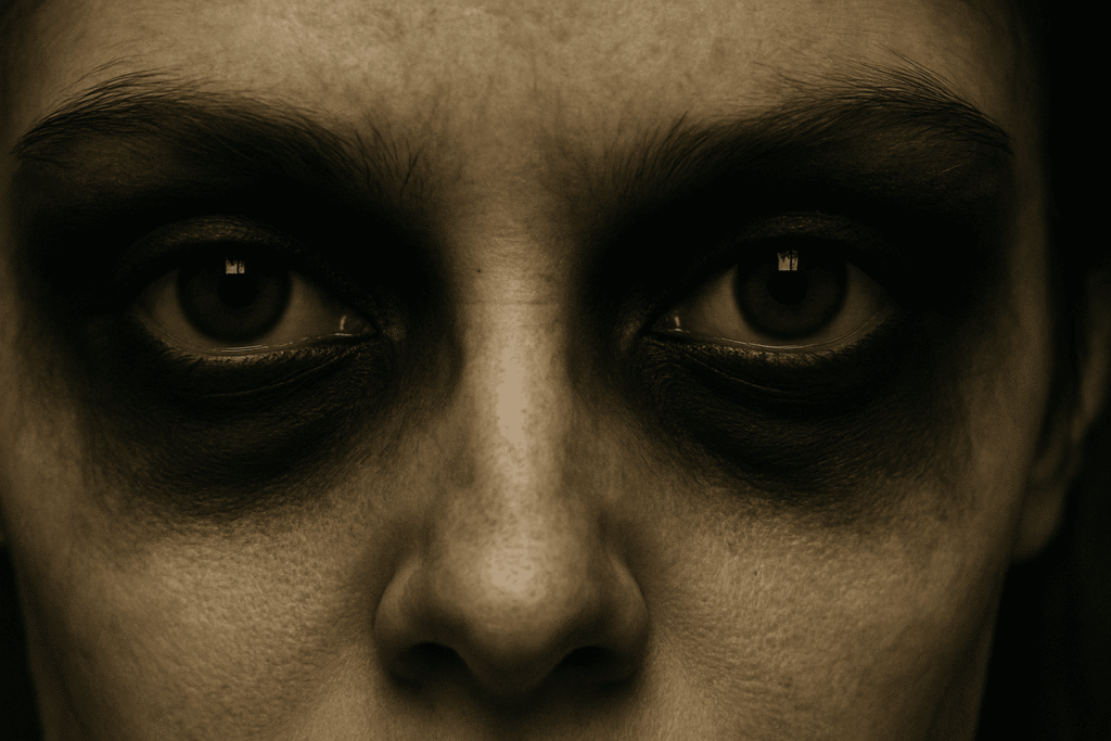 Close-up of Freddy Krueger eye makeup featuring dark brown and black eyeshadow for a hollowed sinister look