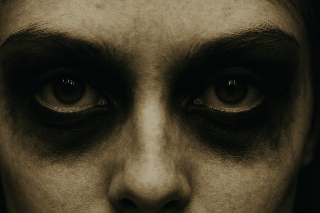 Close-up of Freddy Krueger eye makeup featuring dark brown and black eyeshadow for a hollowed sinister look 2