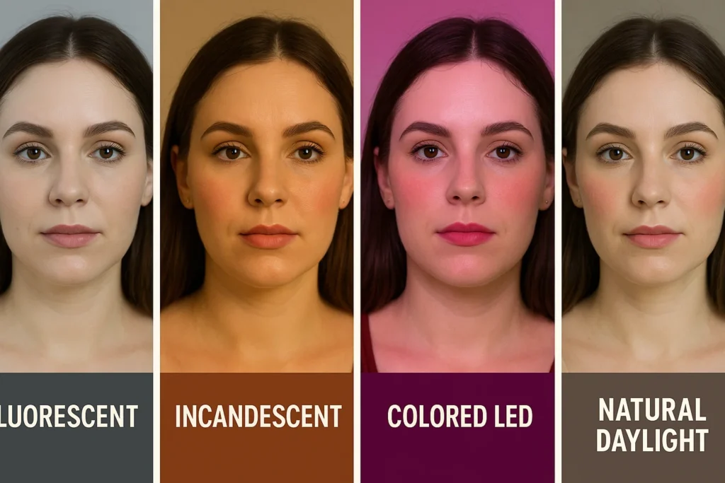 Comparison of how different lighting types affect makeup appearance fluorescent incandescent LED and natural daylight