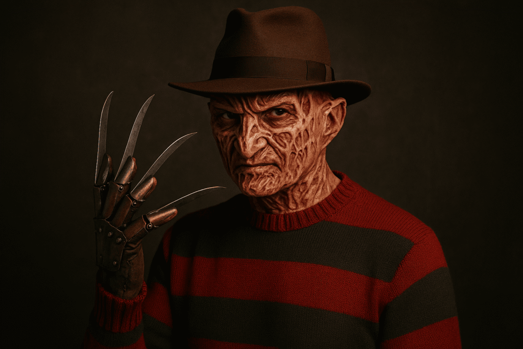 Completed Freddy Krueger cosplay with realistic horror makeup signature fedora striped sweater and claw glove