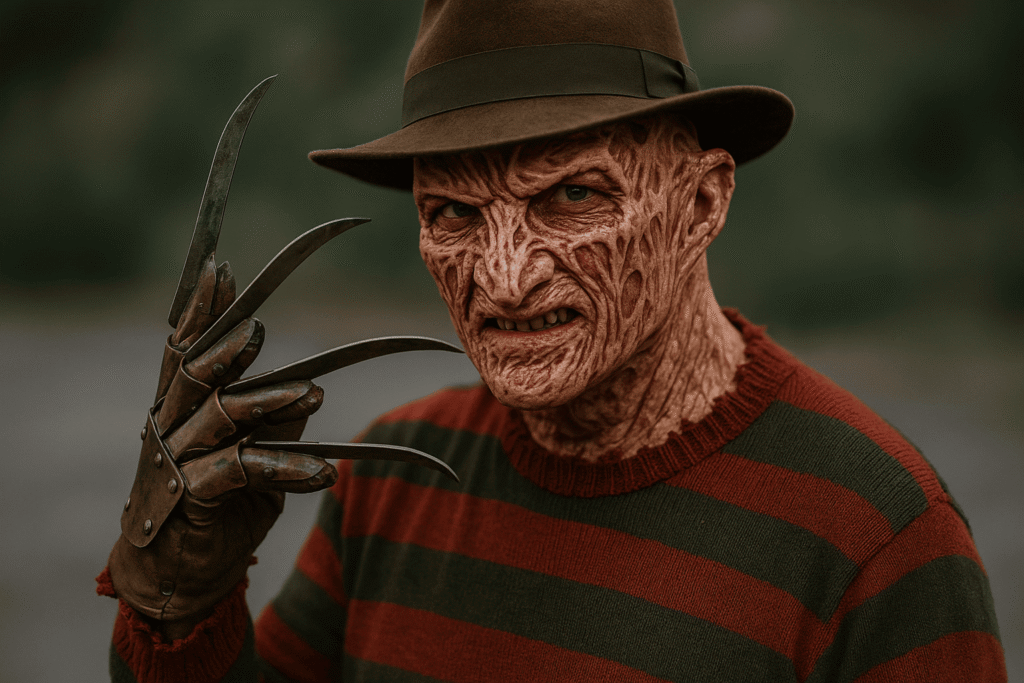 Freddy Krueger full makeup look in cinematic lighting showing realistic burn effects and horror costume details