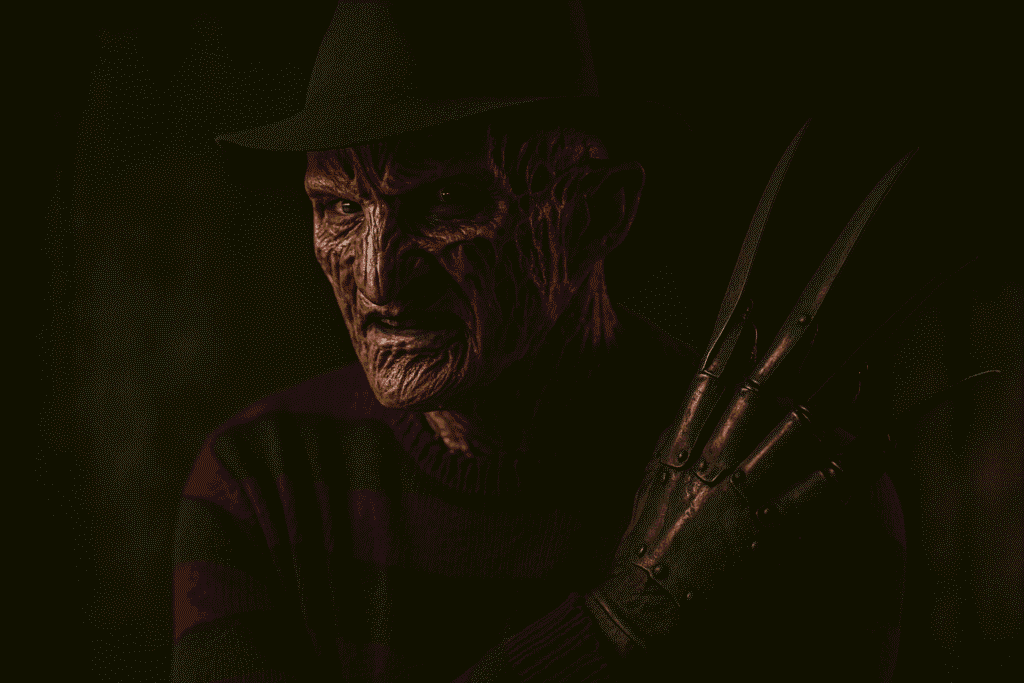 Freddy Krueger full makeup look in cinematic lighting showing realistic burn effects and horror costume details