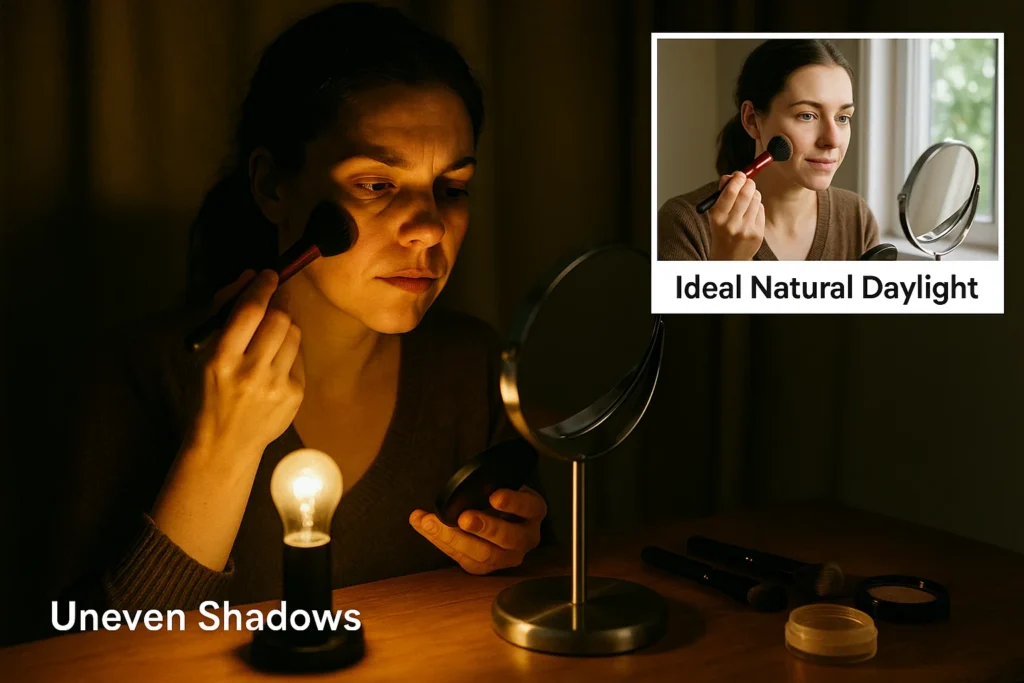 Poor lighting conditions for makeup application under warm yellow light compared to ideal natural daylight setting