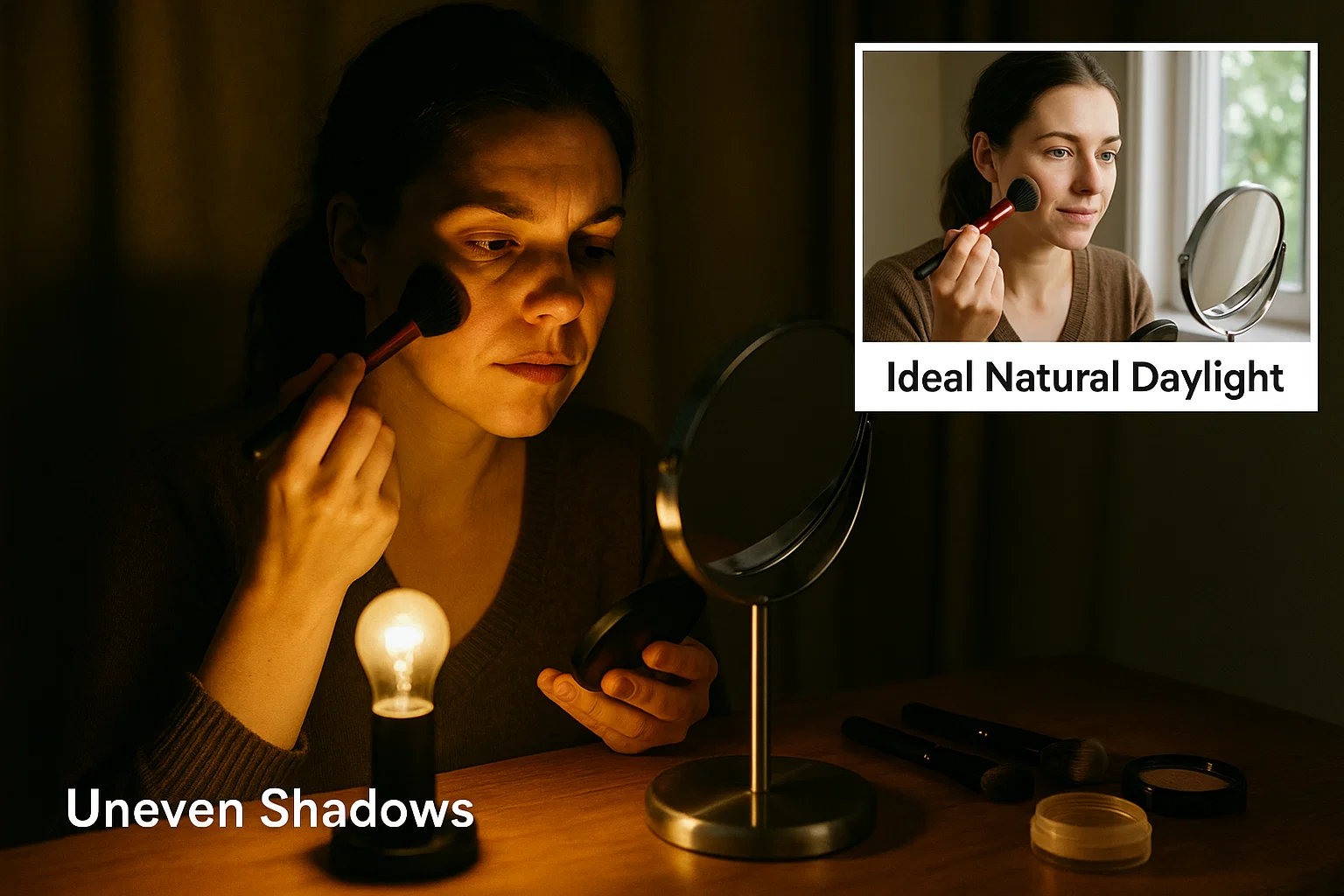 Poor lighting conditions for makeup application under warm yellow light compared to ideal natural daylight setting