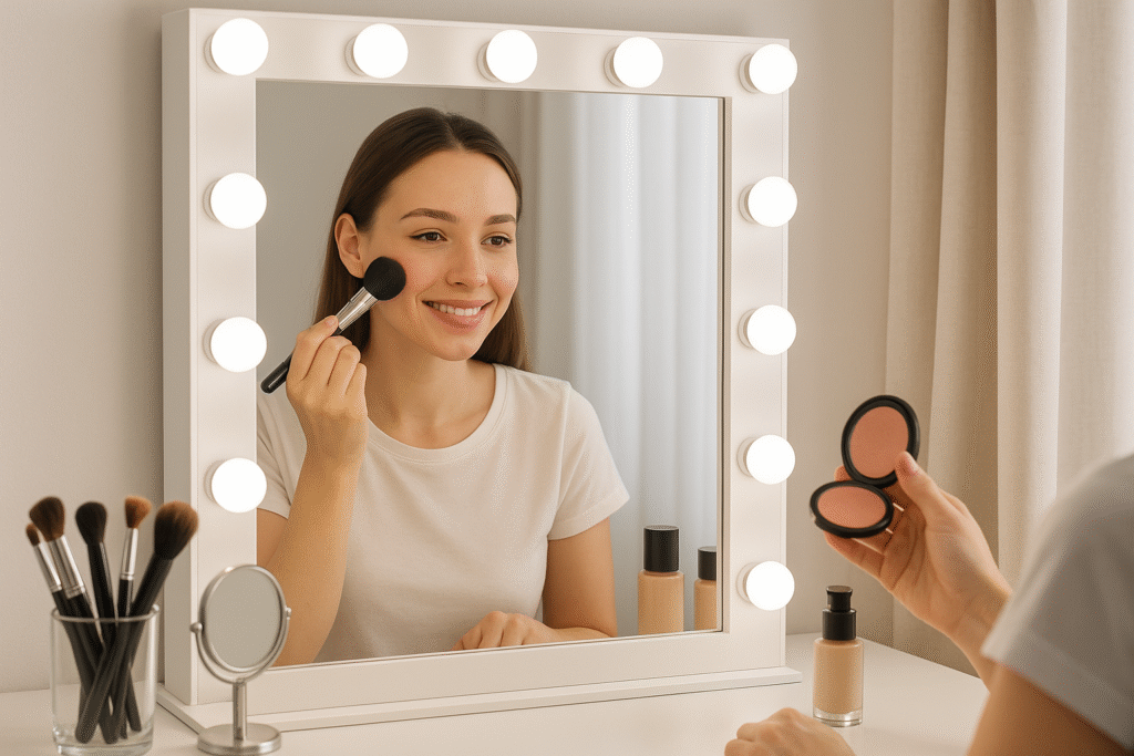 Proper makeup lighting setup with LED daylight bulbs providing even illumination for flawless application