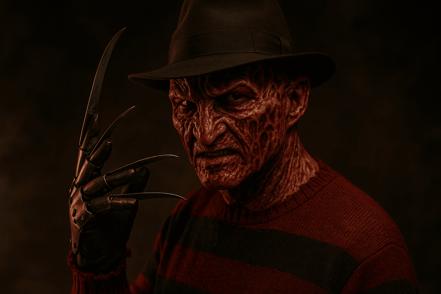 Realistic Freddy Krueger cosplay featuring detailed burn makeup signature fedora striped sweater and bladed glove in a dark smoky environment