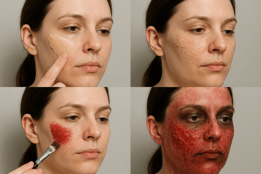 Step-by-step visual showing Freddy Krueger burn effect using scar wax and special effects makeup with red and black tones look2