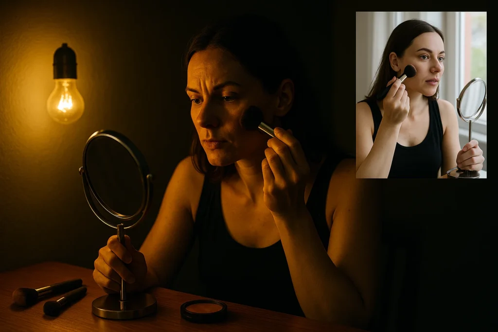 Poor lighting conditions for makeup application under warm yellow light compared to ideal natural daylight setting