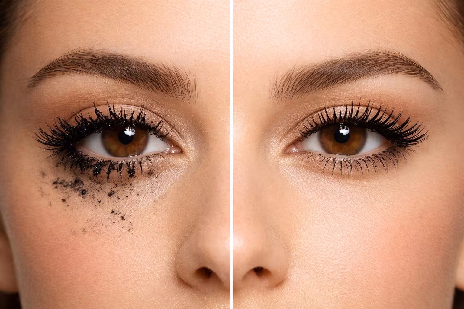 Comparison showing clumpy mascara application versus smooth separated lashes after correct mascara technique