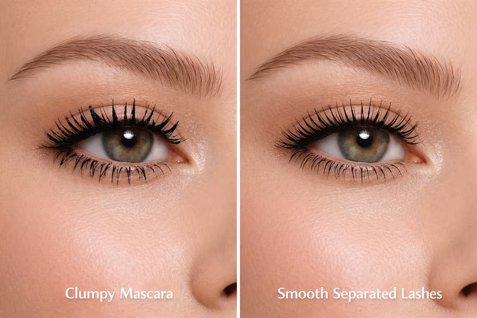 Clumpy mascara compared with smooth separated lashes showing proper mascara application